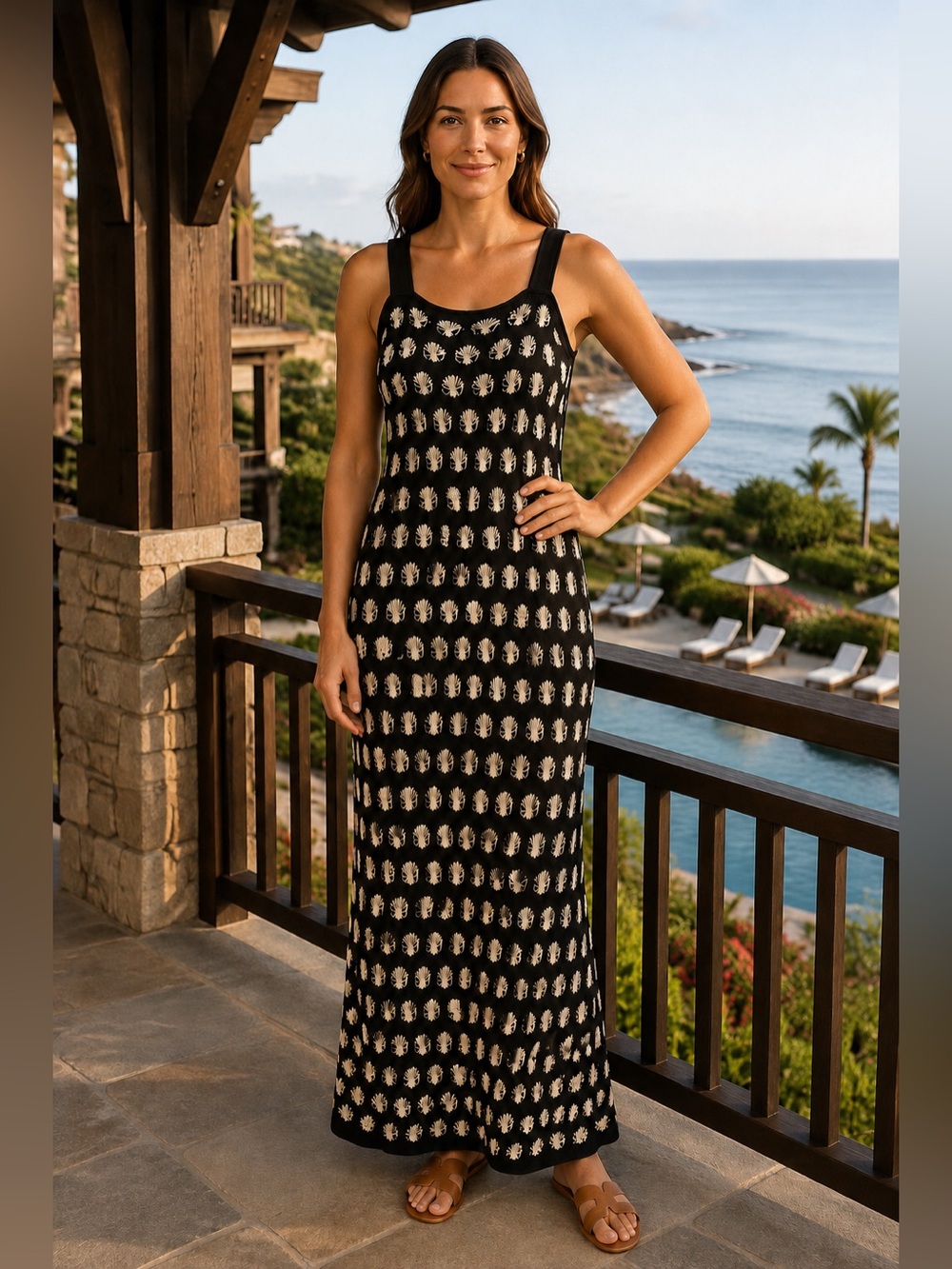 Anthropologie Crochet Open Knit Maxi Dress Black Cream Shell Boho Size L